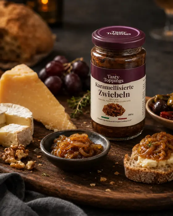 Tasty Toppings Glas karamellisierte Zwiebeln auf einer Käseplatte