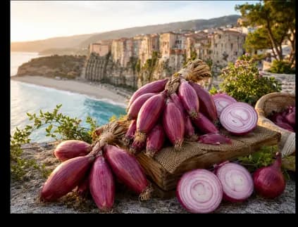 Rote Tropea-Zwiebeln vor der Küste von Tropea, Kalabrien
